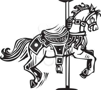 Woodcut style image of a wooden carousel horse