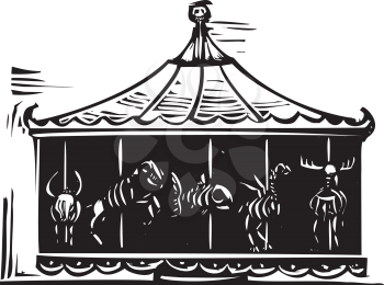Woodcut style expressionist image of a circus carousel with animal skeletons