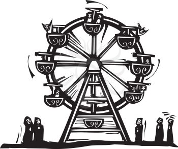 Woodcut style expressionist image of a circus Ferris wheel.