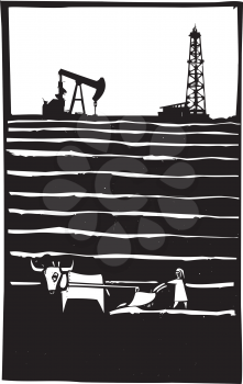 Woodcut style image of an oil well by a primitive impoverished farm.