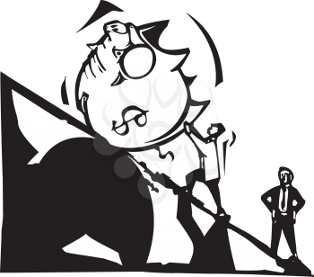 Woodcut style image of man in a business suit rolling a piggy-bank up a hill.