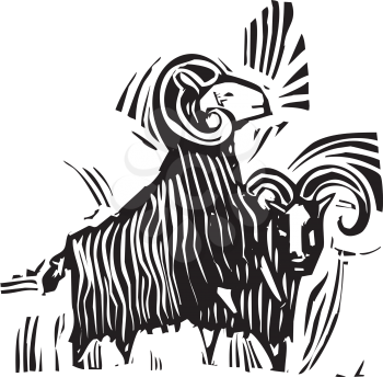 Woodcut style image of two ram goats.