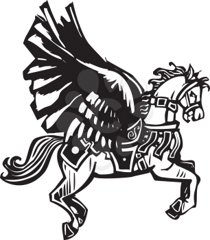 Woodcut style image of a mythical Pegasus in full bridal gear.