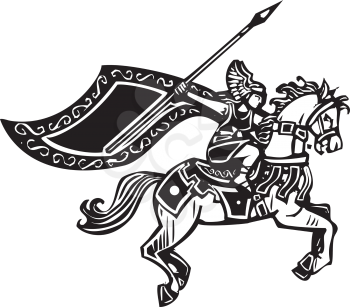 Woodcut style image of a Norse viking Valkyrie riding a horse.