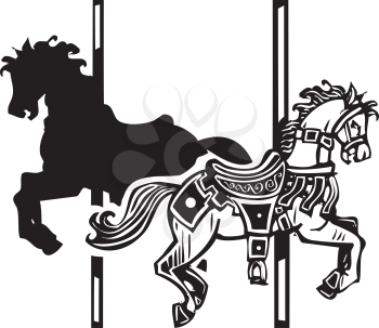 Woodcut style image of a wooden carousel horse in two directions