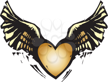 Woodcut style image of a heart with wings.