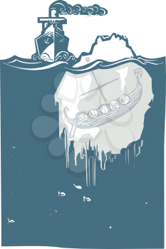 Woodcut style image of a steam ship approaching an iceberg with a viking Longship frozen inside.