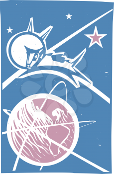 Soviet Poster style image of the Russian cosmonaut dog Laika orbiting the earth.