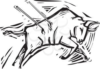 Woodcut style image of a charging bull in a bullfight.