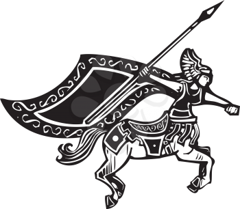 Woodcut style image of a female centaur with a spear.