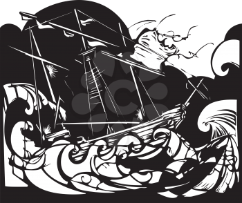 Woodcut style image of a sailing ship in stormy seas.