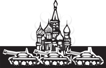 Woodcut style image of Russian tanks rolling in front of the Kremlin in Red Square