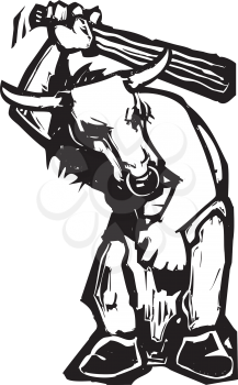 Woodcut style expressionist image of a Greek minotaur with a club