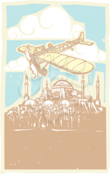 Woodcut style image of the Greek Orthodox church turned Mosque in Istanbul Turkey with a vintage airplane flying over it.