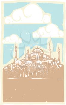 Woodcut style image of the Greek Orthodox church turned Mosque in Istanbul Turkey.