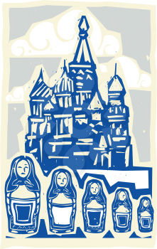 Woodcut style Soviet Design type illustration of the Kremlin in Moscow with nested dolls.