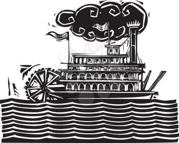 Woodcut style side wheel Mississippi river steamboat on stylized waves.