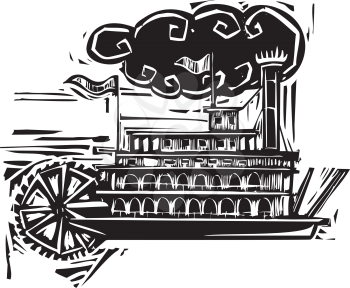 Woodcut style side wheel Mississippi river steamboat.