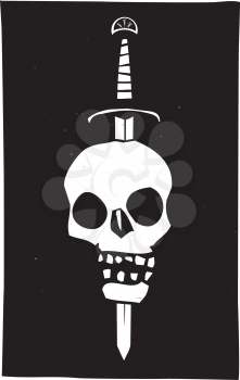 Woodcut style image of a human skull impaled on a sword on a black background.