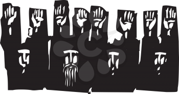 Woodcut style expressionist image of a group of people with their hands raised in surrender.