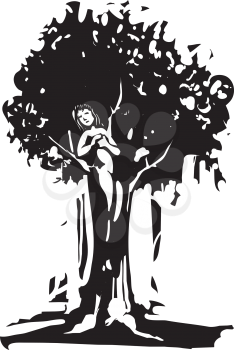 Woodcut style image of the Dryad tree spirit from Greek myth.