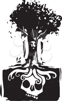 Woodcut style image of a tree with a face where roots grow around a buried giant skull
