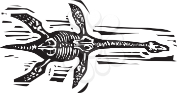 Woodcut style image of the plesiosaurus aquatic dinosaur