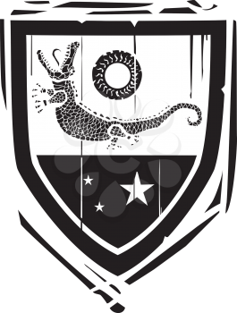 Woodcut style Heraldic Shield with a Crocodile