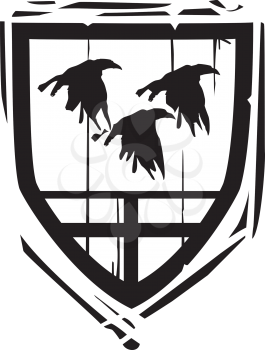 Woodcut style Heraldic Shield with Ravens