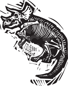 Woodcut style image of a fossil of a Triceratops dinosaur skeleton