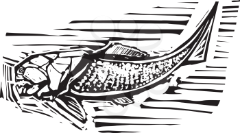 Woodcut style image of a Dunkleosteus an armored ancient fossil fish