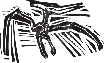 Woodcut style image of a fossil of a pterodactyl dinosaur
