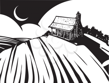 Woodcut style image of a log cabin house on a prairie.