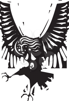 Woodcut style image of Greek mythological harpy woman with wings