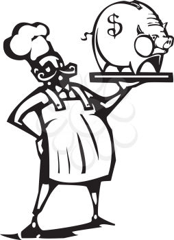 Woodcut style image of a french chef with a piggy bank on a tray