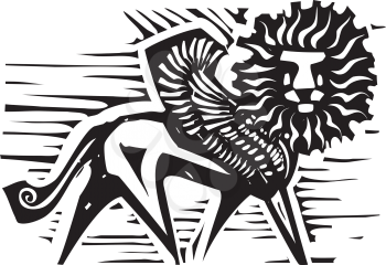 Woodcut style image of Persian mythological winged lion
