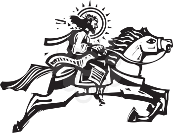 Woodcut Style image of Jesus Christ riding a leaping white horse
