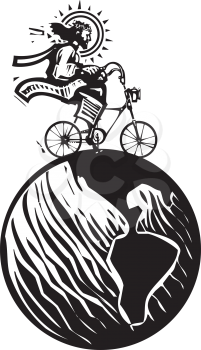 Woodcut Style image of Jesus Christ riding a fixie bicycle traveling the world
