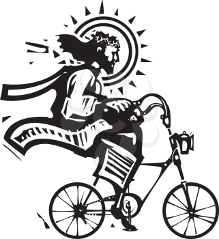 Woodcut Style image of Jesus Christ riding a fixie bicycle