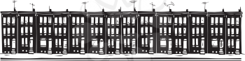 Woodcut style image of Baltimore urban ghetto row homes.