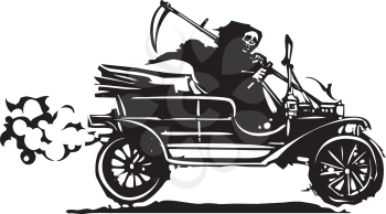 Woodcut style expressionist image of the grim reaper death driving a vintage car