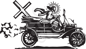 Woodcut Style image of Jesus Christ riding in a vintage auto with his cross in the back seat.