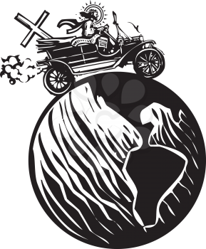 Woodcut Style image of Jesus Christ riding in a vintage auto around the globe with his cross in the back seat.