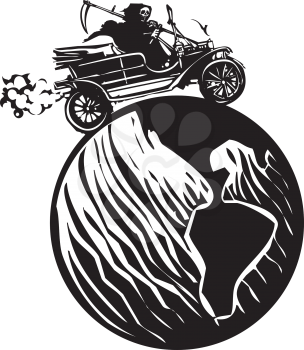 Woodcut style expressionist image of the grim reaper death driving a vintage car around the globe