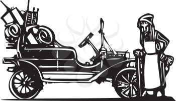 Woodcut style expressionist image of an old woman leaving home during the great depression in a vintage car