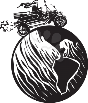Woodcut style expressionist image of a woman driving a vintage car around the world