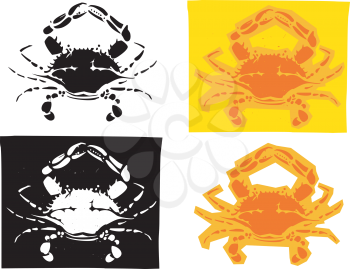 Woodcut style image of Maryland Atlantic blue crabs in different versions.