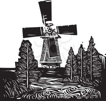 Woodcut style image of a old style dutch windmill in a rural landscape.