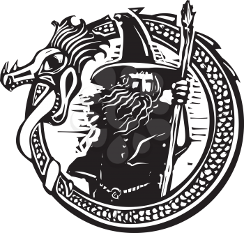 Woodcut style image of a wizard in a an encircling dragon
