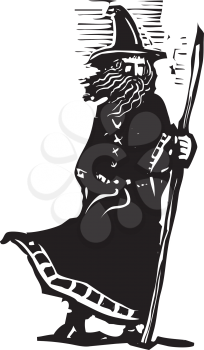 woodcut style image of a wizard holding a magic staff